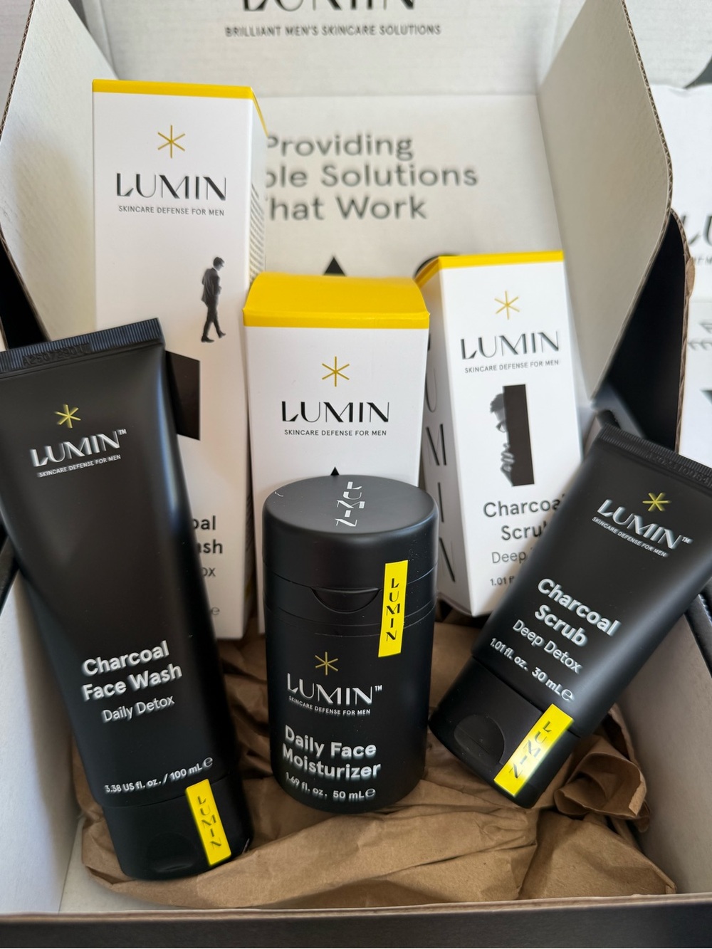 Lumin charcoal cleanser exfoliator rub moisturizer balm skincare system NEW